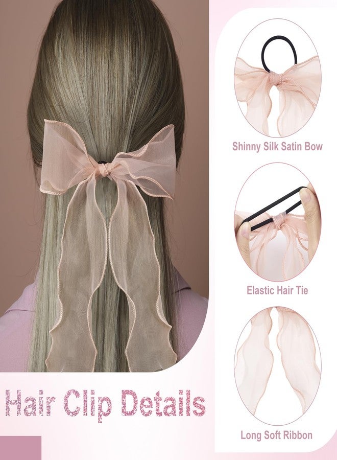 STSTR 2Pcs Large Bow Hair Ties, Pink Organza Ribbon Bow Hair Scrunchies for Women, Elegant Long Tail Bowknot Ponytail Holder French Hair Accessories for Wedding, Parties, Festivals - Image 4